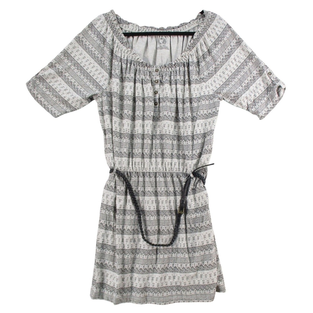 Faded Glory Womens Grey White Tribal Print Belted Tunic Dress XL Boho
